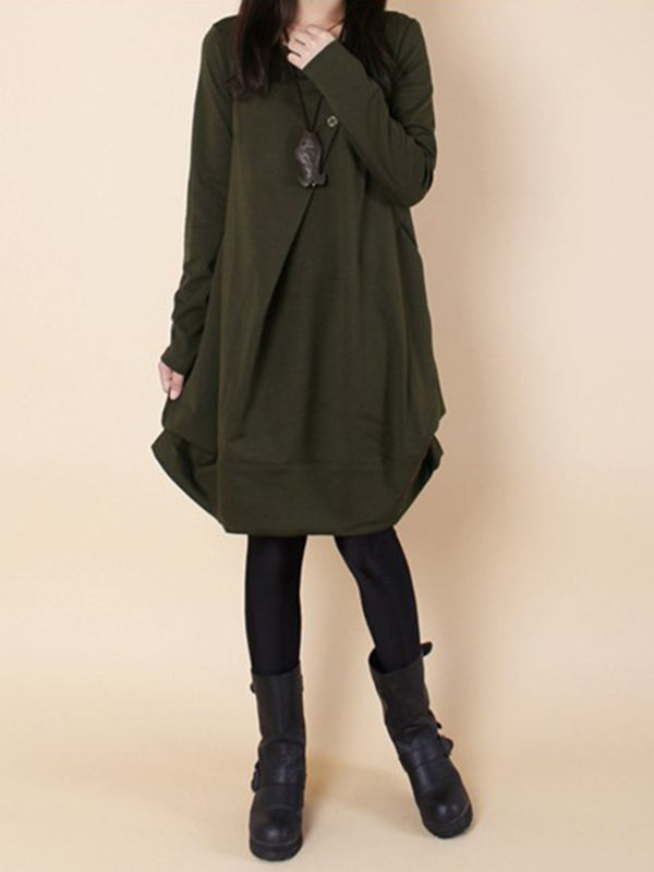 A-line Long Sleeves Pleated Solid Color Round-neck Dresses Maxi Dresses GREEN