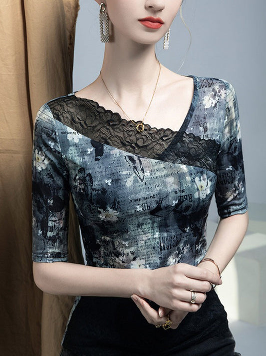 Split-Joint Printed Contrast Color Skinny Plus Size V-neck T-Shirts Tops