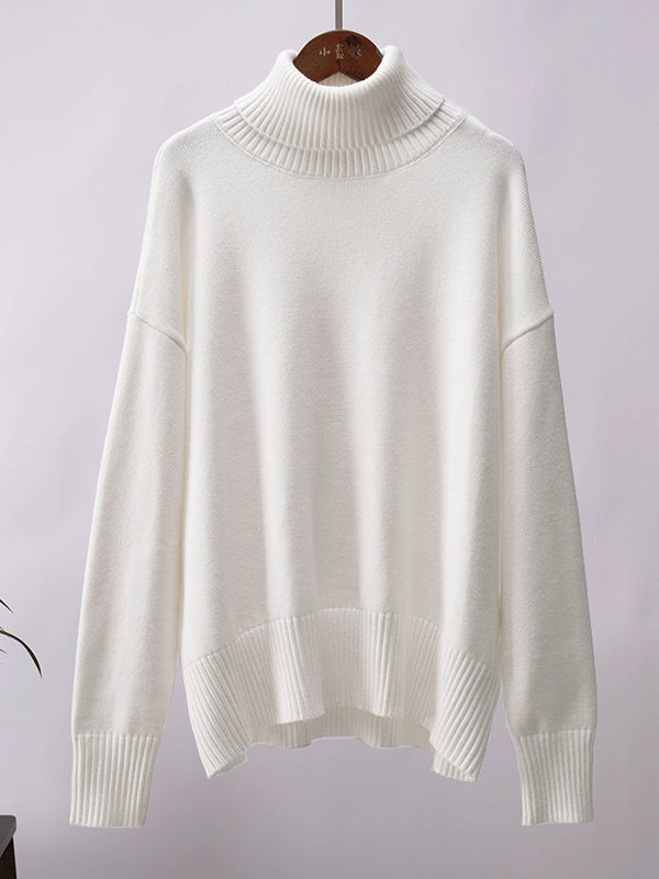Long Sleeves Loose Solid Color High Neck Knitwear Pullovers Sweater Tops