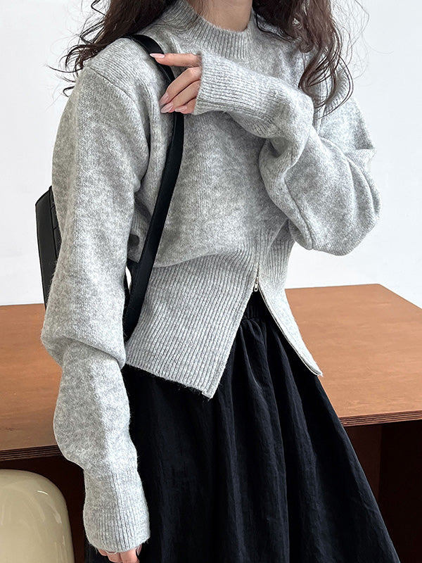 Lange Ärmel, locker, einfarbig, mit Reißverschluss, Stehkragen, Pullover, Oberteile 