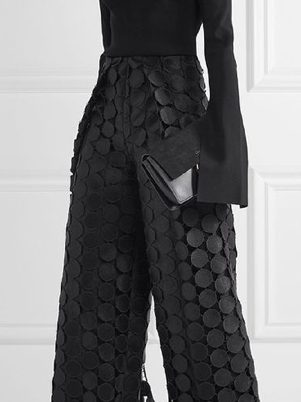 Solid Color Polka Dot Hollow Wide Leg High Waisted Trousers Pants