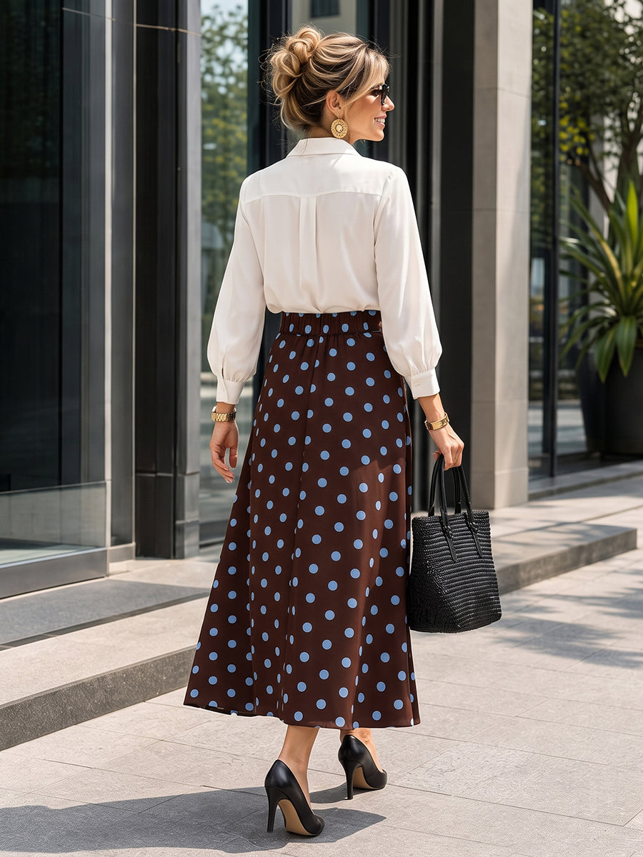 Polka-Dot Pockets Elasticity Contrast Color Buttoned High Waisted A-line Skirts Bottoms