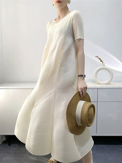 Loose Short Sleeves Pleated Solid Color Split-Joint V-Neck Midi Dresses OFF-WHITE One_size