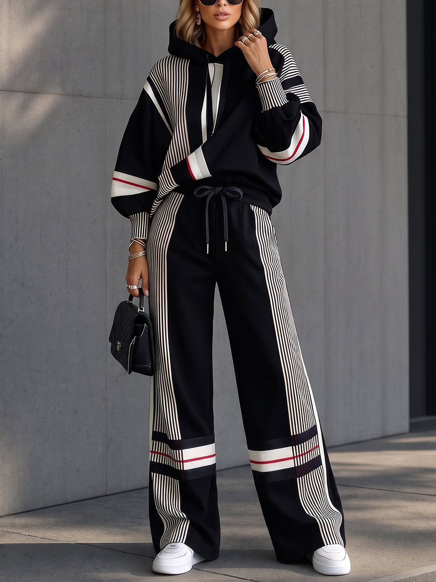 Striped Pockets Drawstring Contrast Color High Waisted Trousers Pants