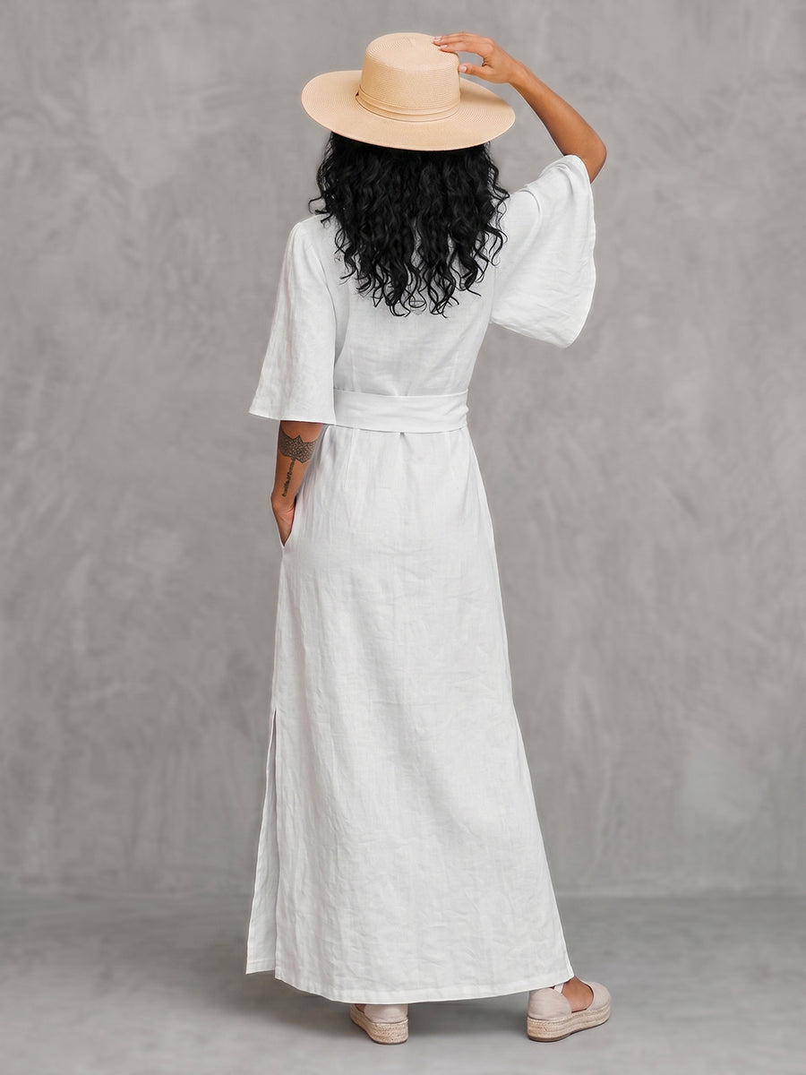 A-Line Flared Sleeves Interlace Pleated Pockets Solid Color Split-Joint Split-Side Deep V-Neck Maxi Dresses
