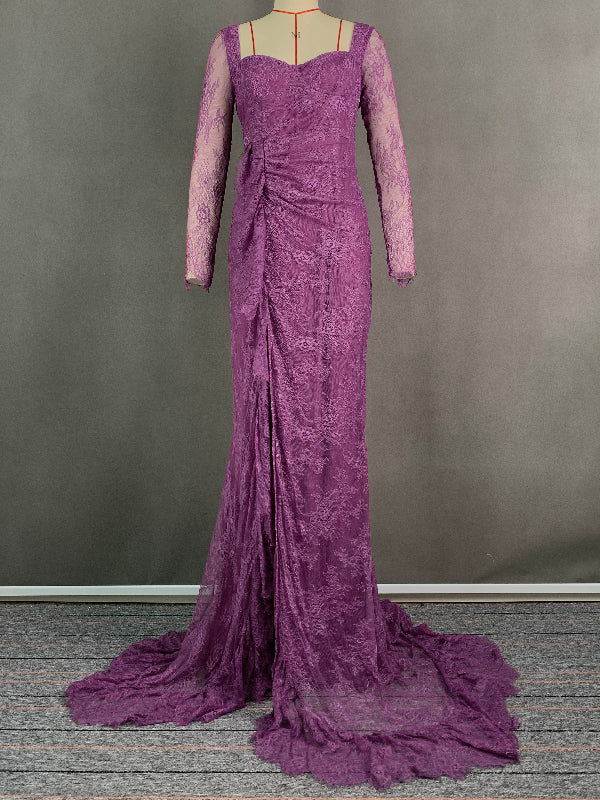Robe de soirée longue à manches longues et col carré, en maille sirène transparente et fendue sur les côtés 