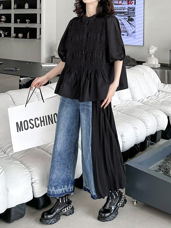 Lockere neunte Hose, kontrastfarbene, plissierte Jeanshose mit geteiltem Bund 