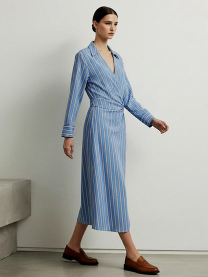 Long Sleeves Buckle Striped Deep V-Neck Midi Dresses Shirt Dress