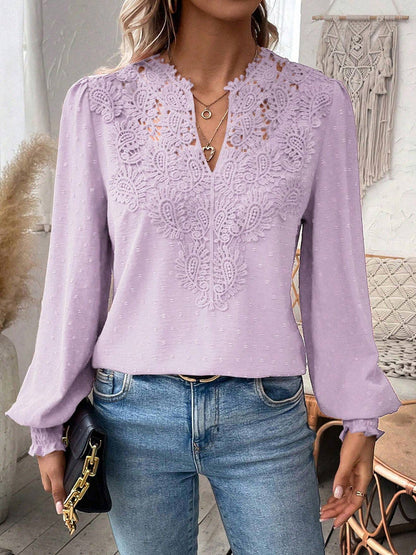 Balloon Sleeves Long Sleeves Embroidered Hollow Solid Color V-Neck Blouses&Shirts Tops