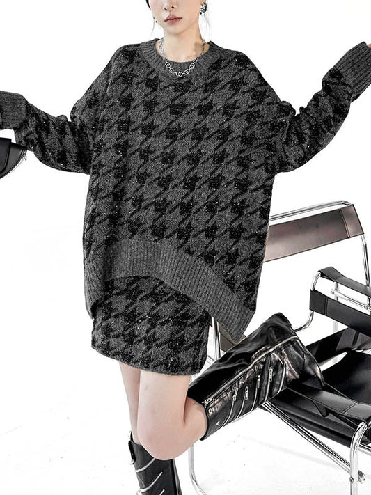 Contrast Color Split-Joint Ribs Shiny Swallow Gird/Houndstooth Round-Neck Sweater Tops + A-Line Elasticated Waist Skirts Bottoms  Two Pieces Set