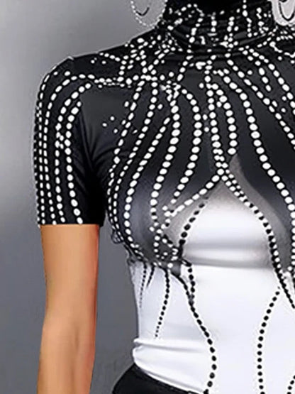 Short Sleeves Skinny Contrast Color Printed High Neck T-Shirts Tops