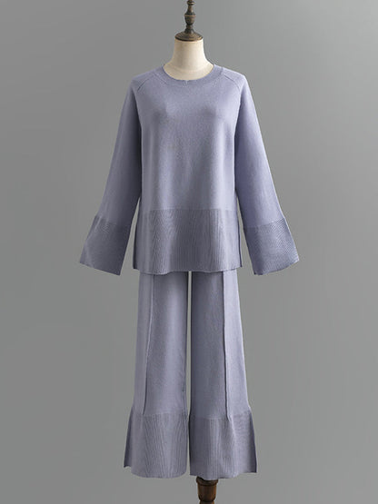 Casual Long Sleeves Loose Solid Color Round-Neck Sweater Tops & Wide Leg Pants Two Pieces Set