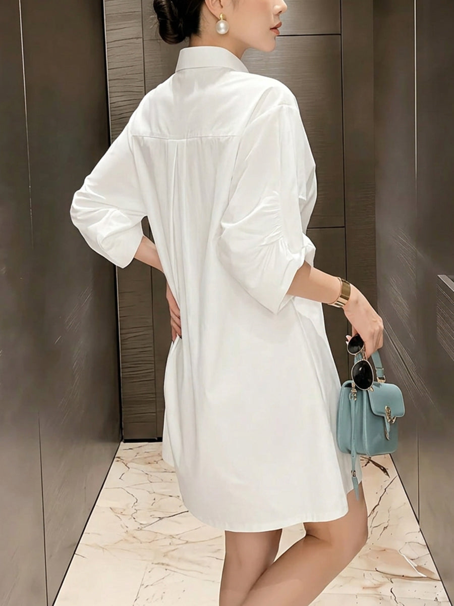 Loose Puff Sleeves Buttoned Pleated Pockets Solid Color Lapel Mini Dresses