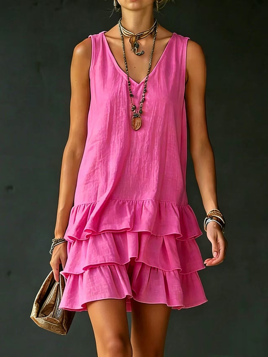 Loose Sleeveless Layered Solid Color V-Neck Mini Dresses