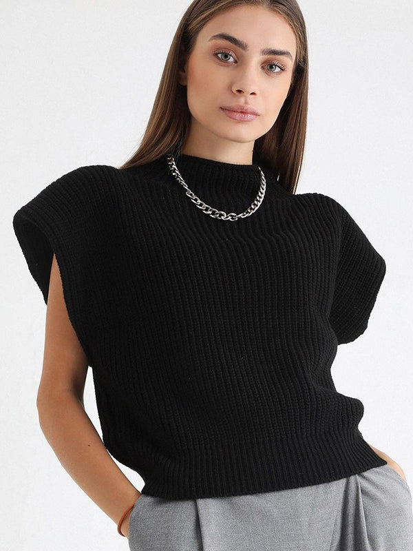 Casual Cap Sleeve Solid Color High-Neck Sweater Tops Pullovers