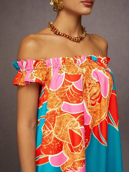 Robe longue trapèze ample à imprimé floral, plissée, fendue et épaules dénudées 