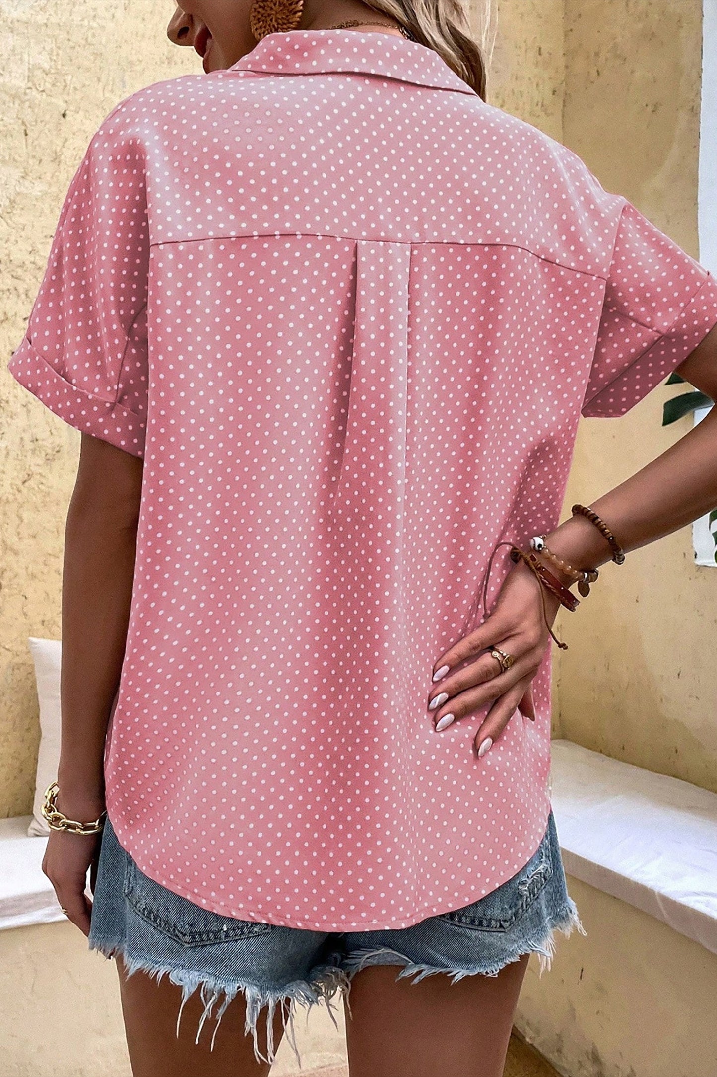 Khaki Dotted Print Cuffed Short Sleeve Shirt