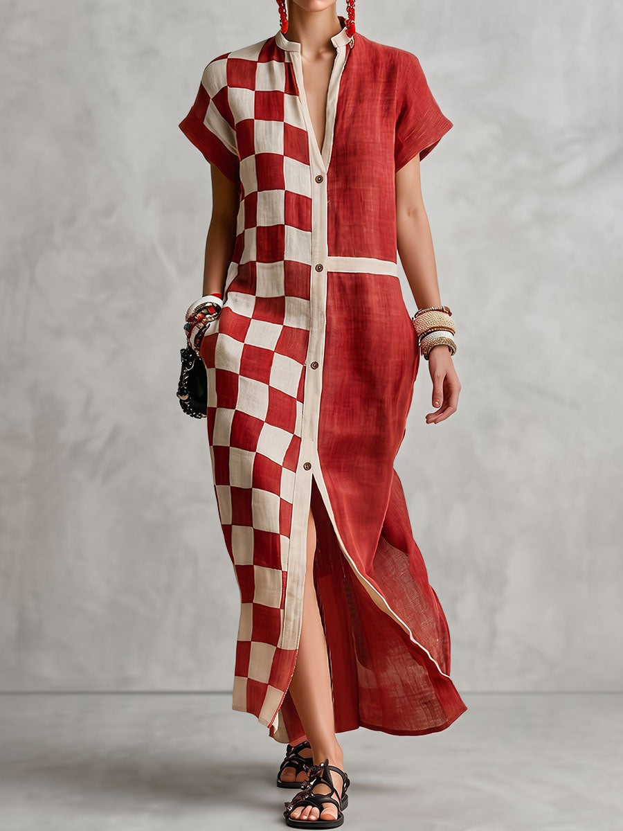 Split-front Split-Joint Pockets Plaid Contrast Color Buttoned Short Sleeves Loose V-neck Maxi Dresses