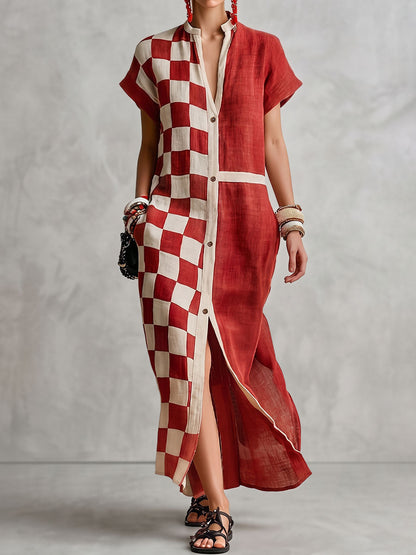 Split-front Split-Joint Pockets Plaid Contrast Color Buttoned Short Sleeves Loose V-neck Maxi Dresses