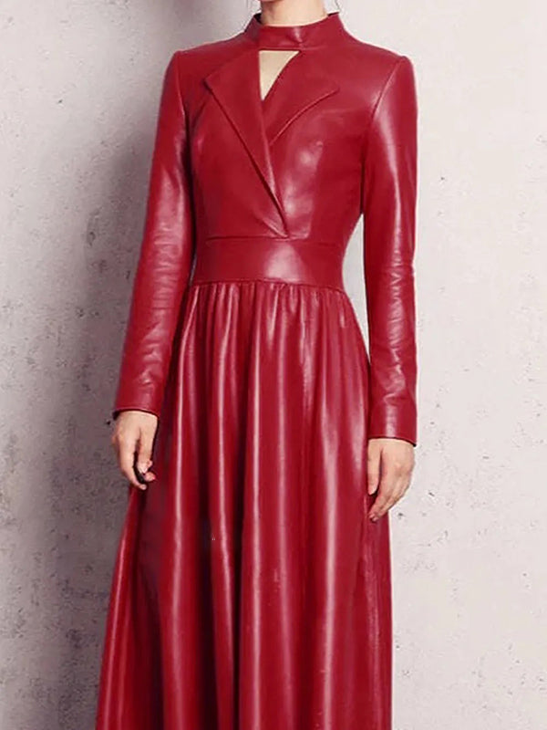 Long Sleeves Hollow Solid Color High-Neck Maxi Dresses