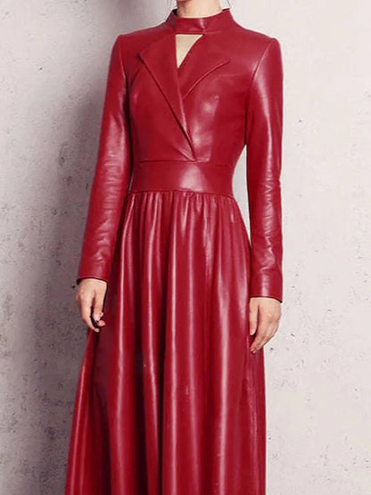 Long Sleeves Hollow Solid Color High-Neck Maxi Dresses