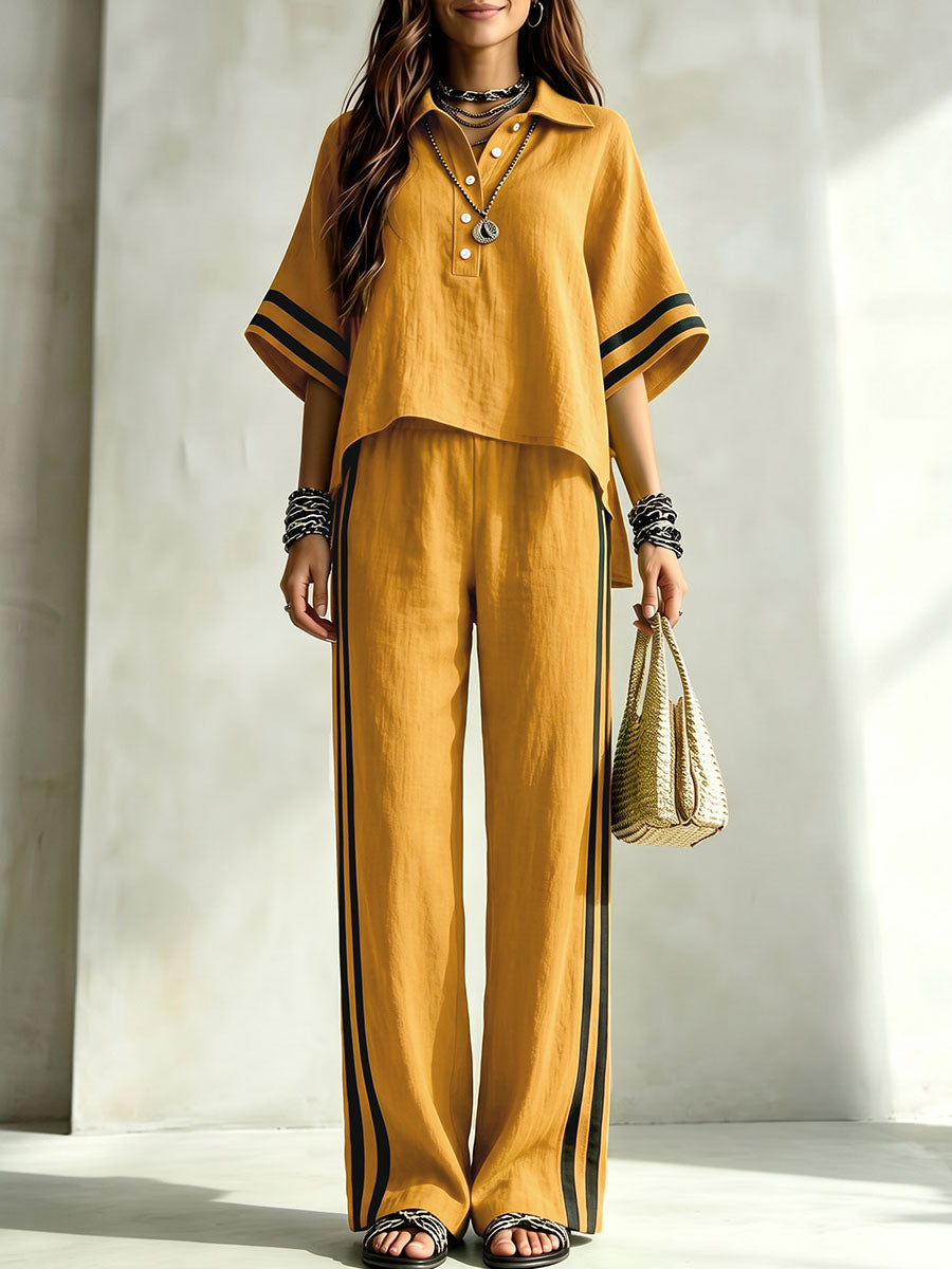 Striped Split-side Contrast Color Buttoned Loose High-low Lapel Blouses&shirts Tops