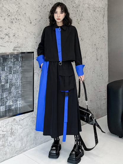 Asymmetric Contrast Color Split-Joint Lapel Blouses&Shirts Tops + A-Line Elasticated Waist Pockets Streamer Skirts Bottoms Two Pieces Set