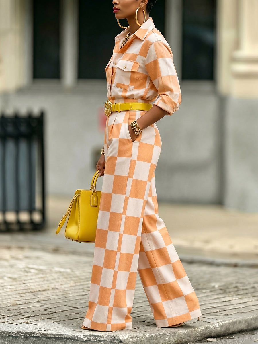 Loose Wide Leg Buttoned Plaid Pockets Lapel Blouses&Shirts Tops