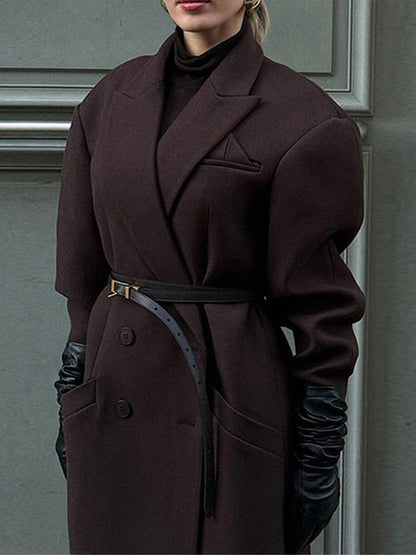 Long Sleeves Buttoned Pockets Solid Color Lapel Overcoat Suit Outerwear