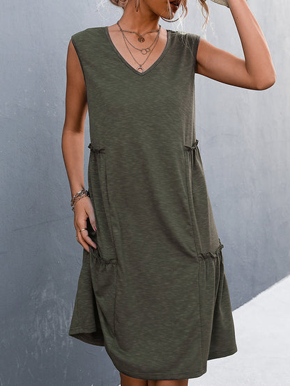 A-line Loose Pleated Solid Color Split-Joint V-neck Midi Dresses