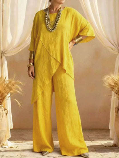 Loose Plus Size Asymmetric Solid Color Round-Neck Blouses&Shirts Tops + Pants Two Pieces Set