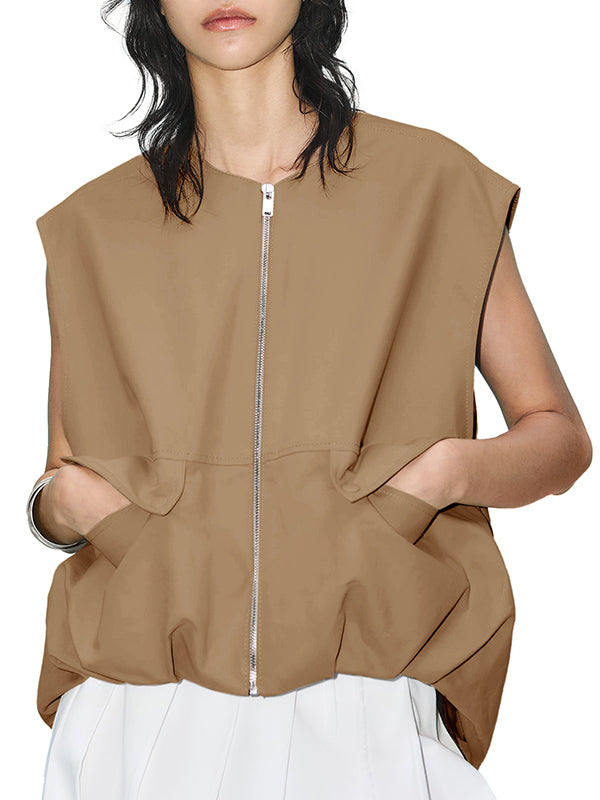 Gilet ample sans manches à poches fendues et fermeture éclair à col rond 