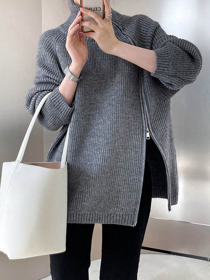 Long Sleeves Loose Split-Joint Split-Side Zipper High Neck Sweater Tops