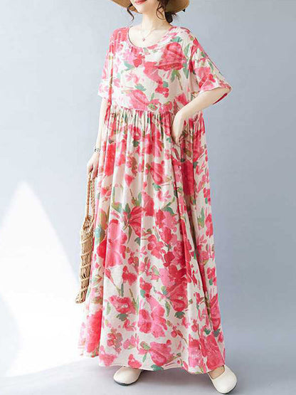 A-line Batwing Sleeves Flower Print Pleated Split-Joint Round-neck Midi Dresses