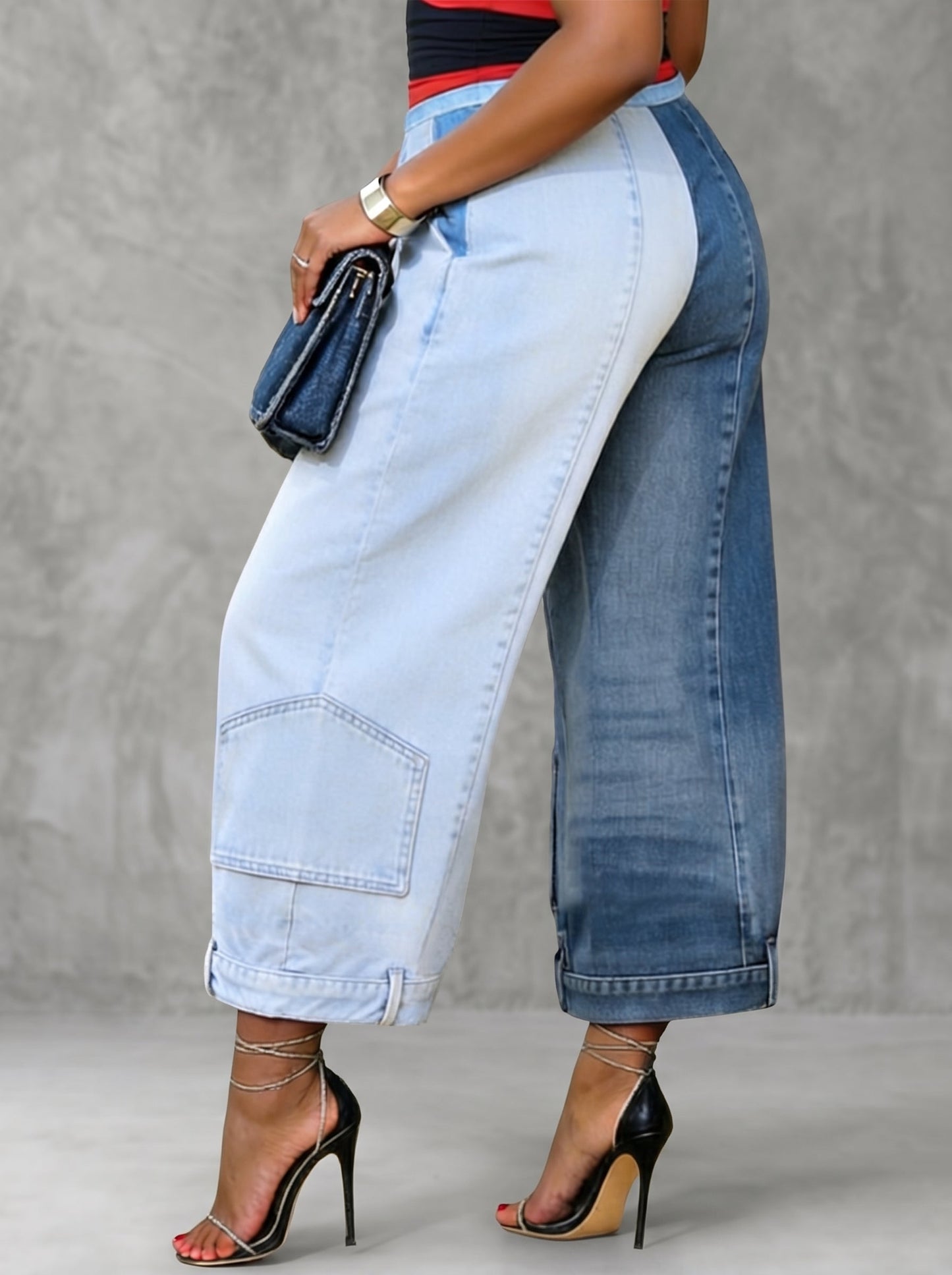 Loose Wide Leg Contrast Color Pockets Jean Pants Bottoms