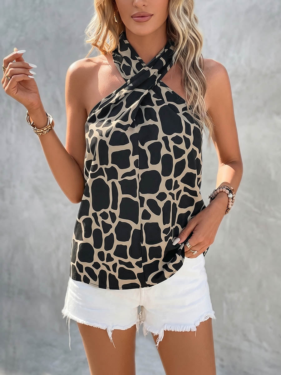 Sleeveless Contrast Color Leopard Halter-Neck Tank Top