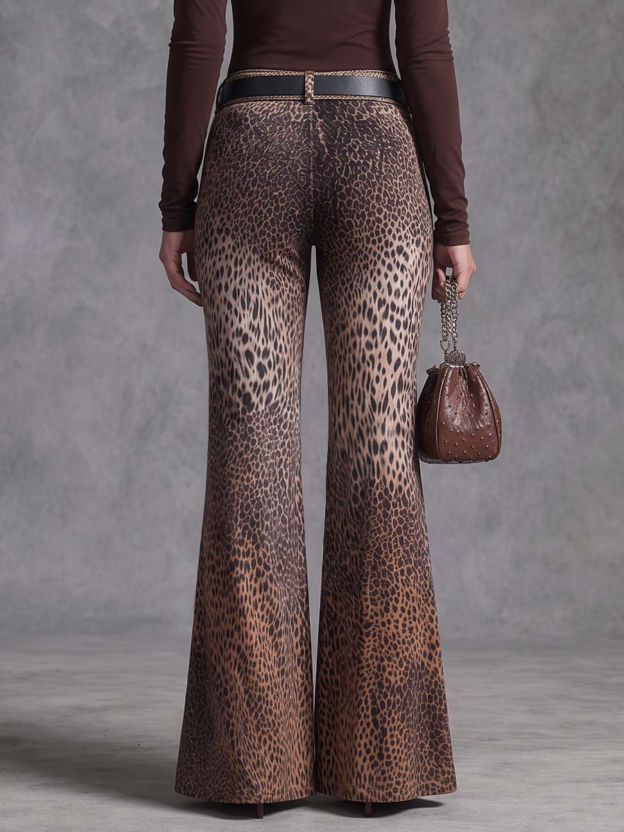 Zipper Leopard Gradient Elasticity Buttoned Belted Wide Leg Loose Trousers Pants