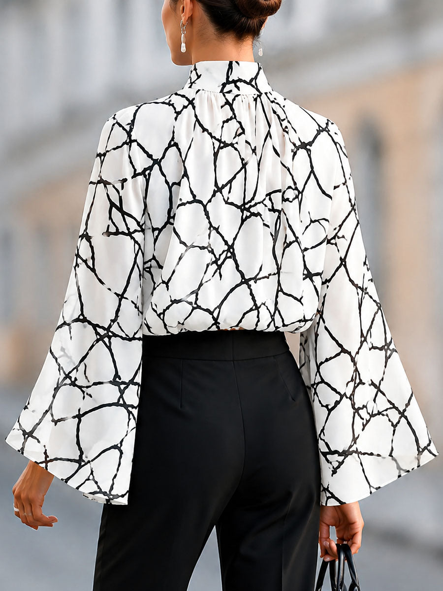 Split-Joint See-Through Printed Contrast Color Long Sleeves Flared Sleeves Mock Neck Blouses&shirts Tops