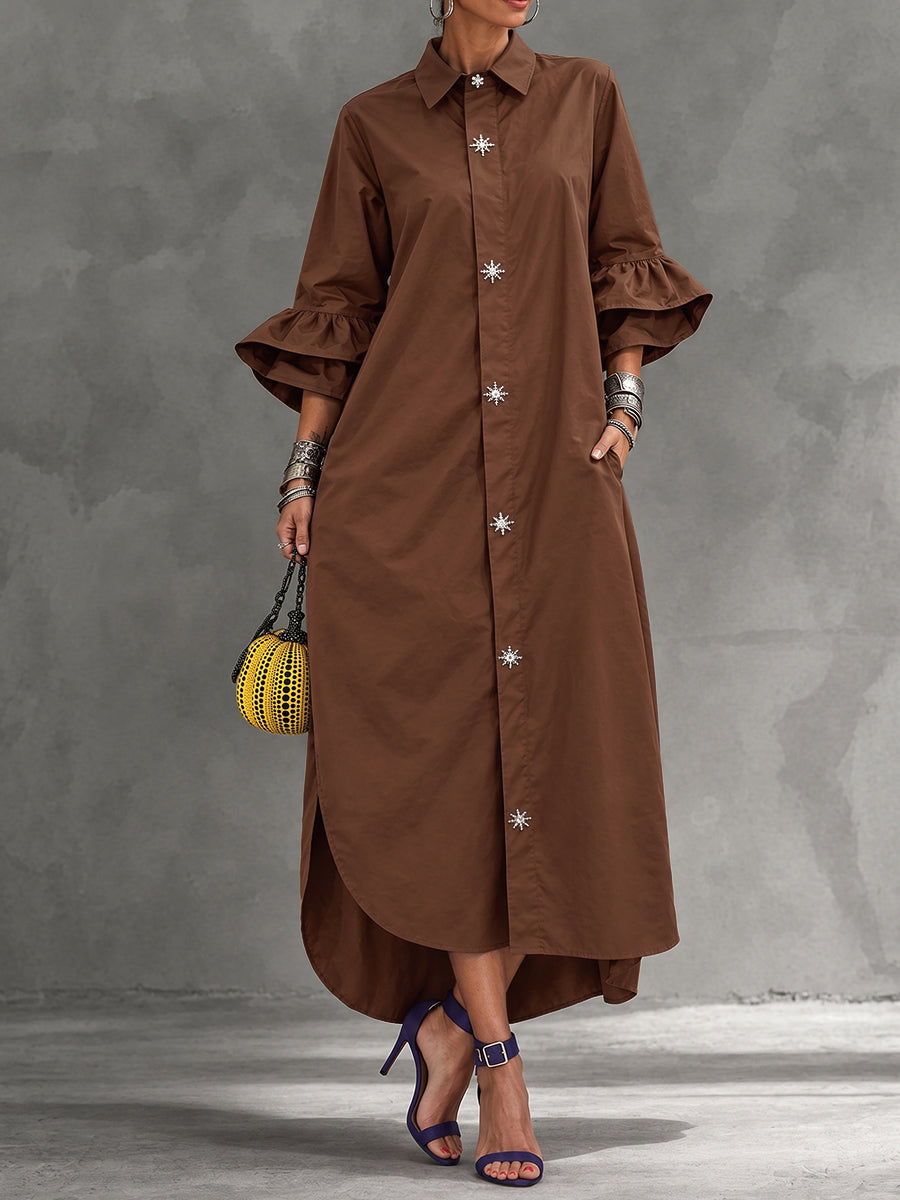 Split-side Solid Color Buttoned Three-quarter Sleeves Ruffle Sleeves Lapel Maxi Dresses