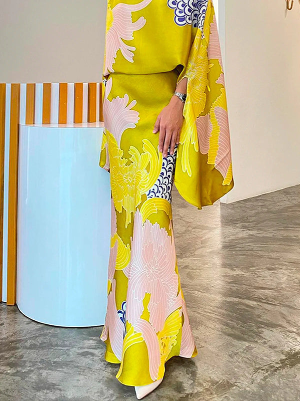 High Waisted Loose Flower Print Skirts Bottoms YELLOW
