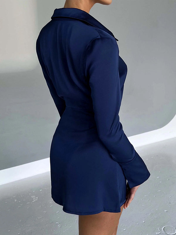 Bodycon Long Sleeves Buttoned Tied Lapel Mini Dresses