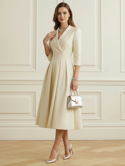 A-Line Elasticated Waist Big Hemline Pleated Solid Color Split-Joint Notched Collar Blazer Midi Dresses