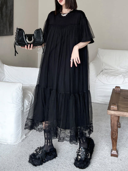 Fake Two-Piece Loose Gauze Pleated Solid Color Split-Joint Tiered Round-Neck Midi Dresses