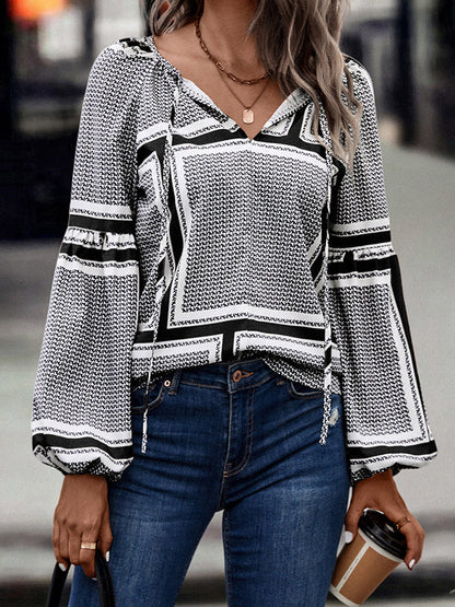 Long Sleeves Loose Elasticity Print Tied V-Neck Blouses&Shirts Tops