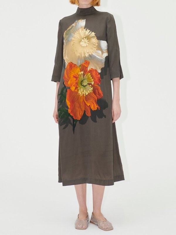 Loose Three-Quarter Sleeves Flower Print Mock Neck Midi Dresses