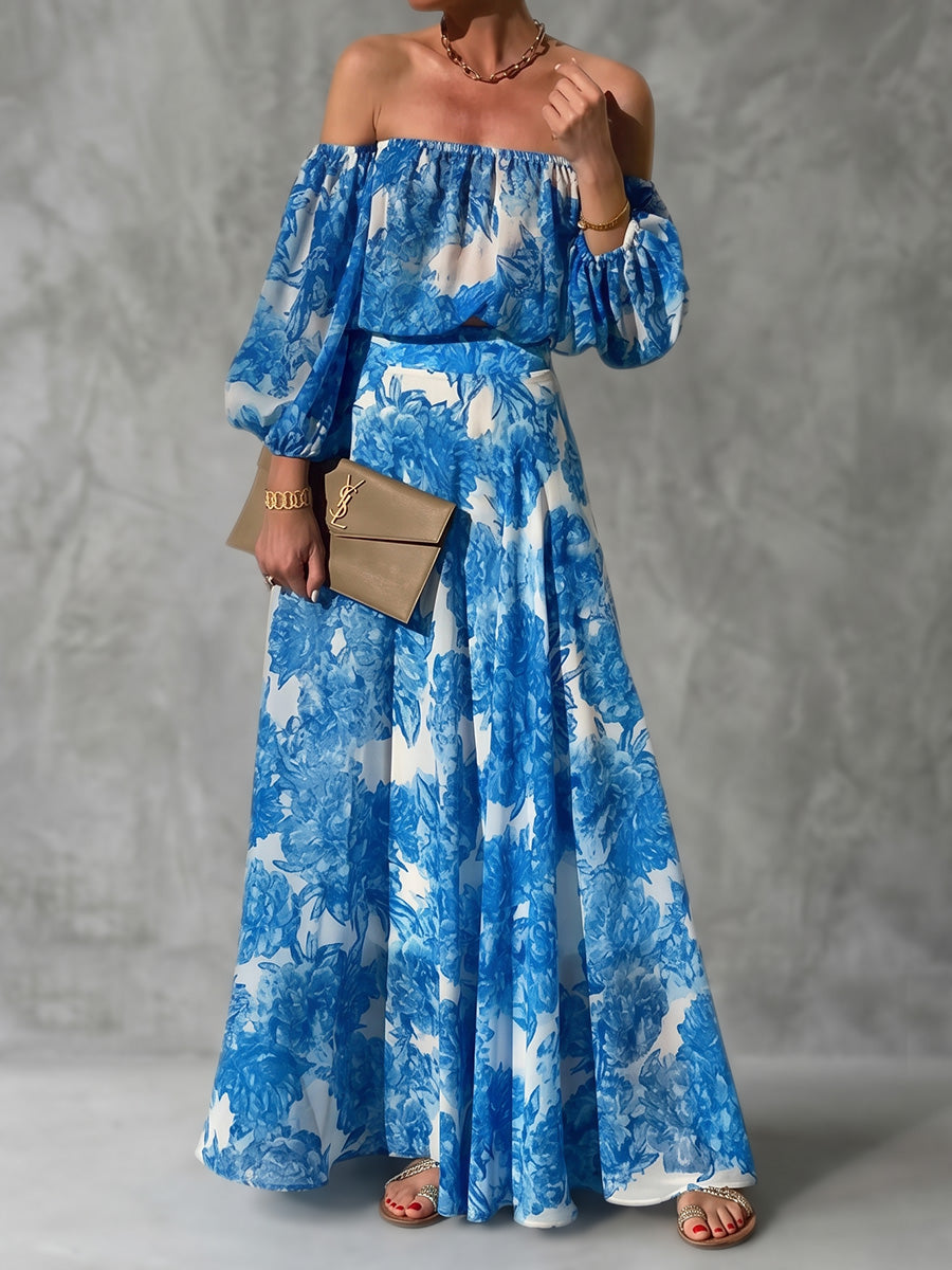 Long Sleeves Puff Sleeves Contrast Color High-Waisted Pleated Printed Split-Joint Off-The-Shoulder Maxi Dresses