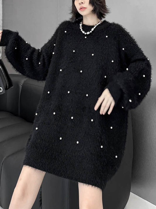 Long Sleeves Loose Beads Contrast Color Shiny Split-Joint Round-Neck Mini Dresses Sweater Dresses