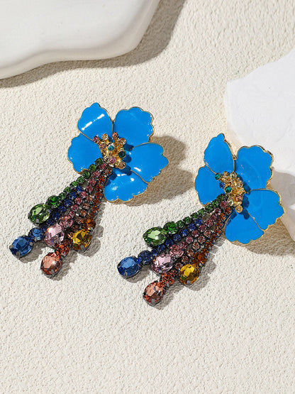 Flower Shape Rhine Stones Tasseled Earrings Accessories