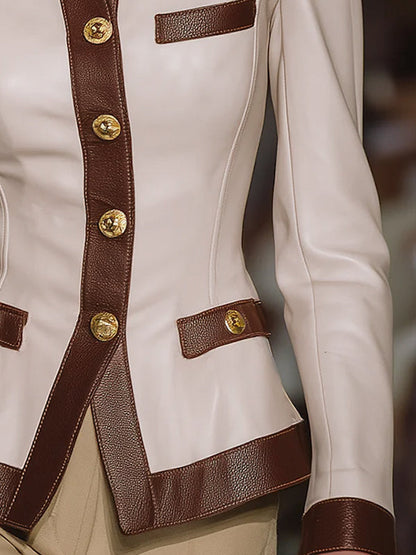 Long Sleeves Buttoned Contrast Color Split-Joint Stand Collar Jackets Outerwear