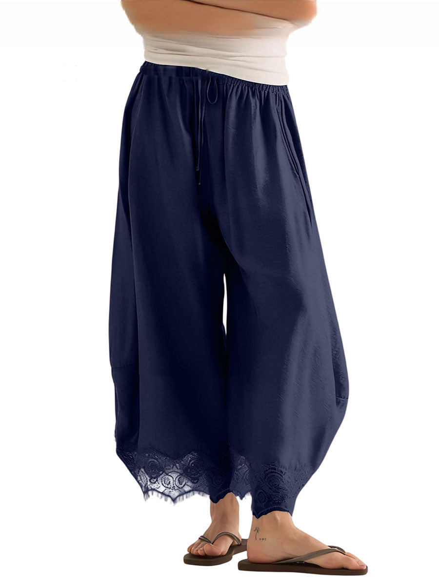 Split-Joint Solid Color Pockets Elasticity Drawstring Wide Leg Loose Trousers Pants